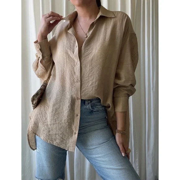 SHIRT oversized button down shirt — In Beige - Picture 5 of 8